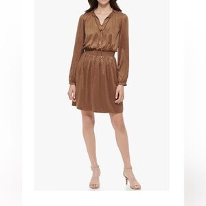 Tommy Hilfiger Fit & Flare Faux Suede Long Sleeve Dress Brown Sz 4 NWT